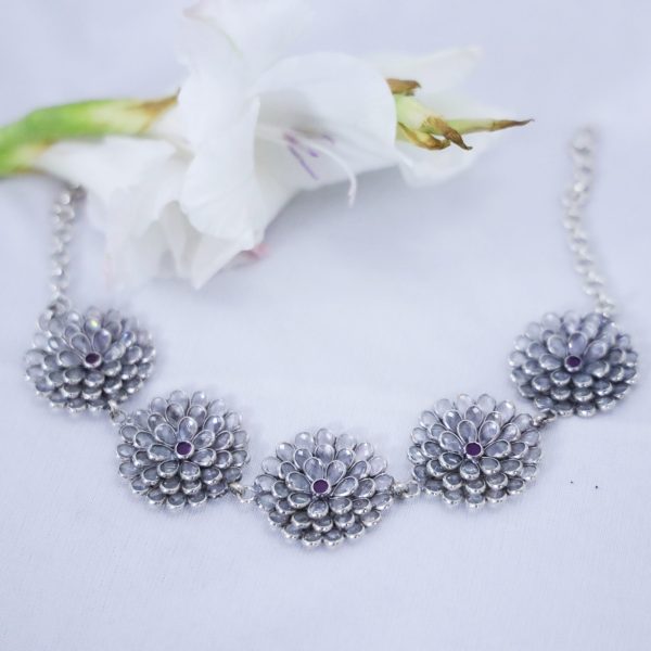 choker jewellery, silver flower choker necklace, flower necklace, handcrafted necklace, hallmarked silver necklace, silver choker