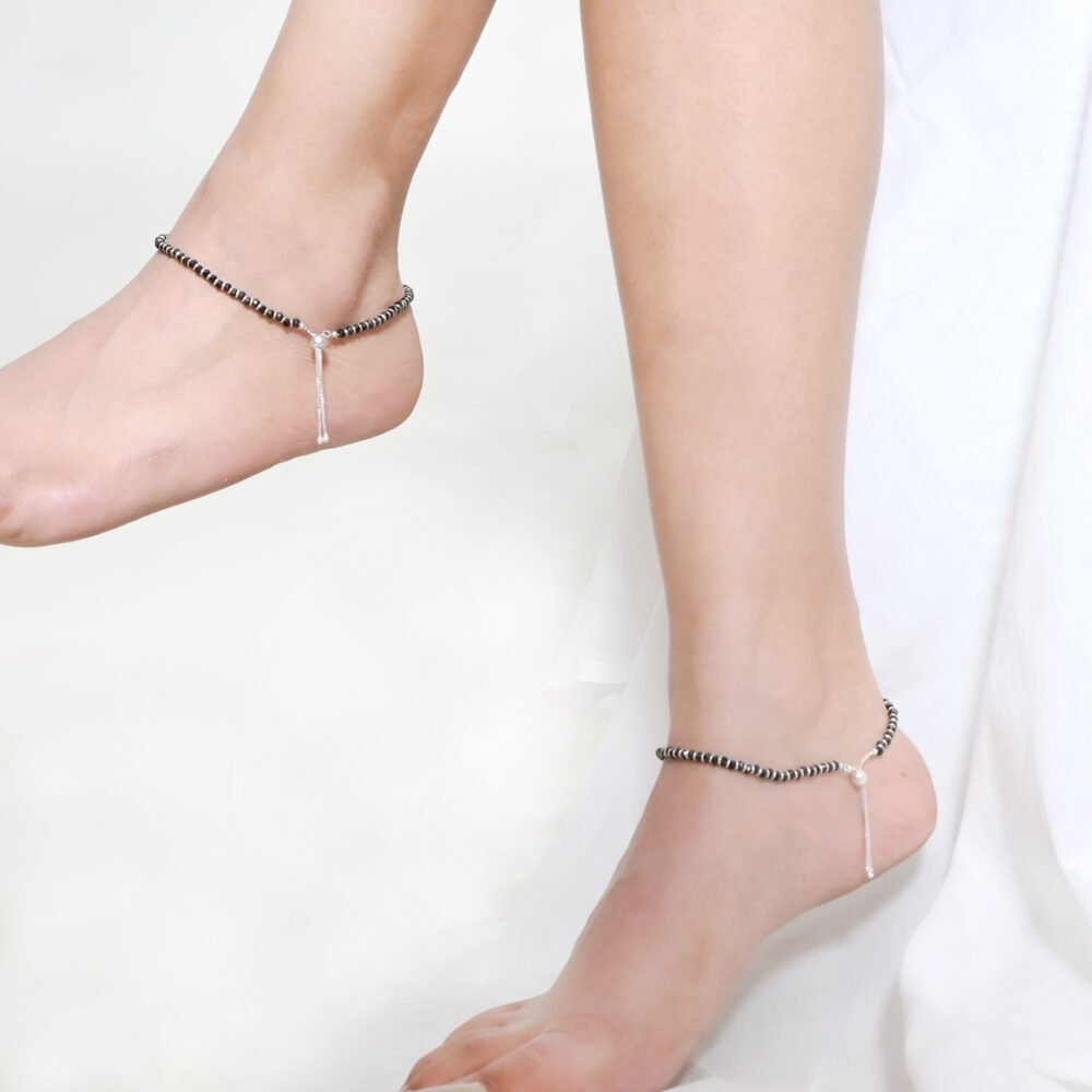 anklet, silver anklet, black bead anklet, evil eye anklet