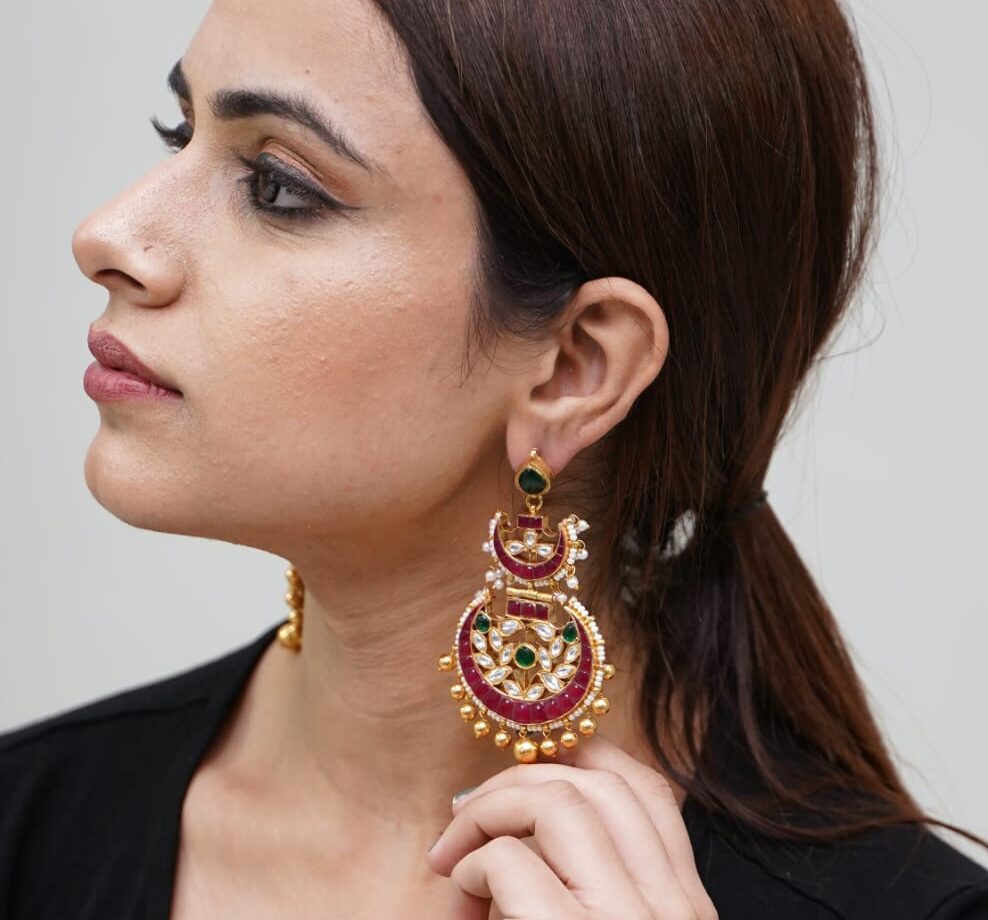 kundan earrings, silver kundan earrings, chand bali, gold earrings