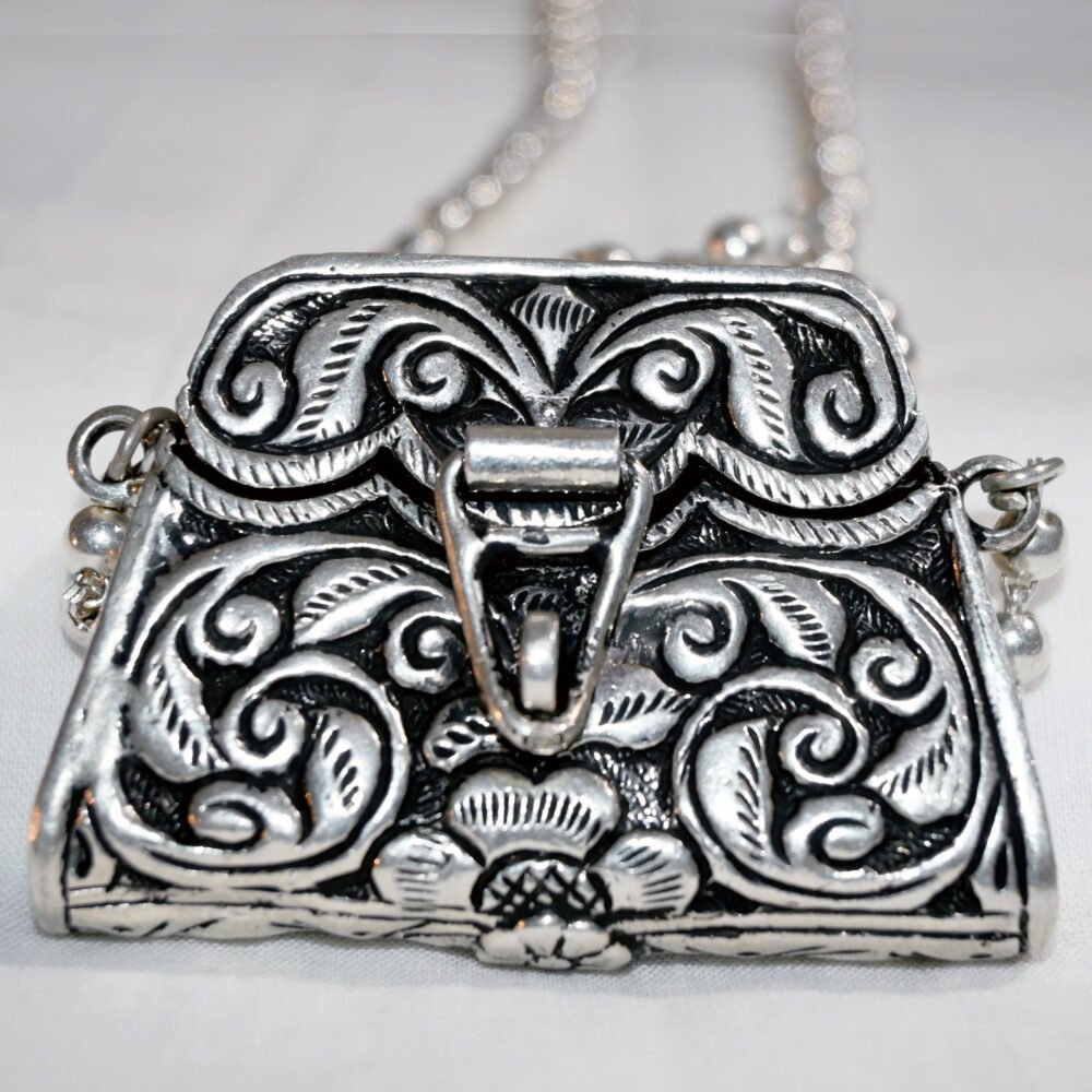 purse pendent, silver pendent, silver necklace, chitai necklace