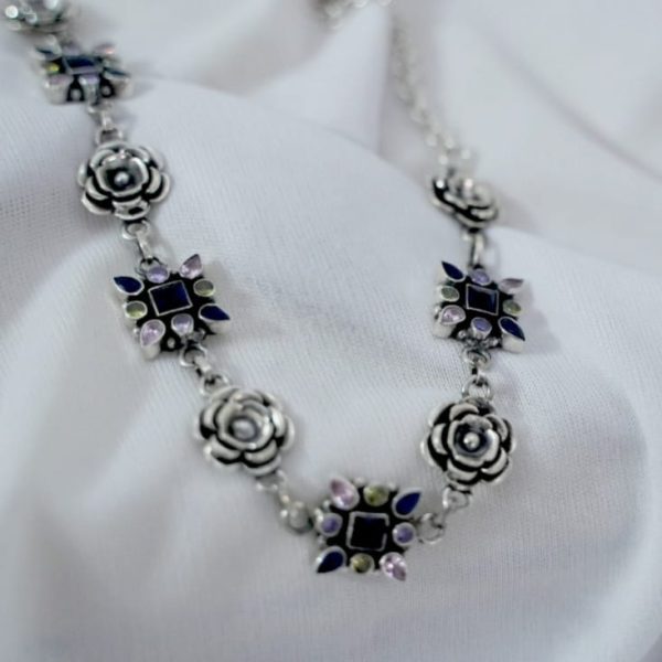 stone necklace, rose stone necklace, silver necklace, multicolour stone necklace