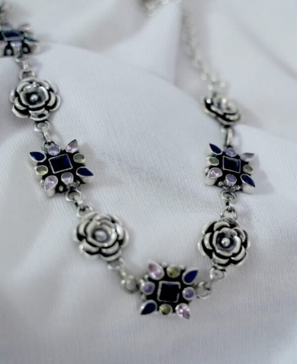 rose stone necklace, silver necklace, multicolour stone necklace