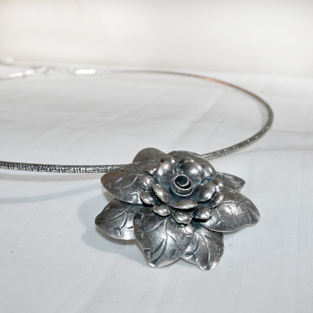 silver flower choker necklace, flower necklace, handcrafted necklace, hallmarked silver necklace, silver choker