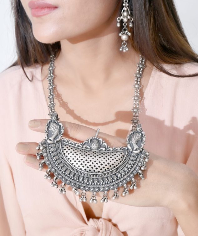 silver necklace, silver ghungroo beads necklace, tribal choker, silver choker
