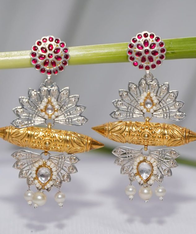 kundan earrings, silver kundan earrings, chand bali, gold earrings, dual tone earrings