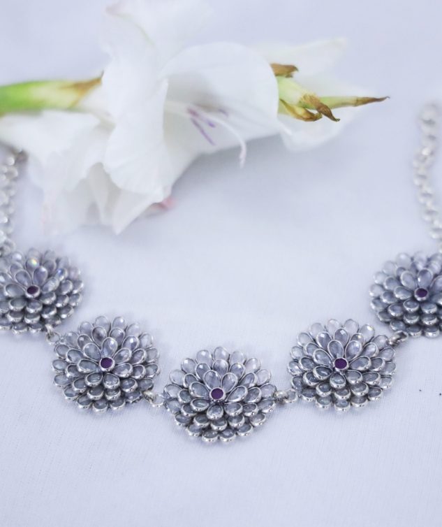 choker jewellery, silver flower choker necklace, flower necklace, handcrafted necklace, hallmarked silver necklace, silver choker